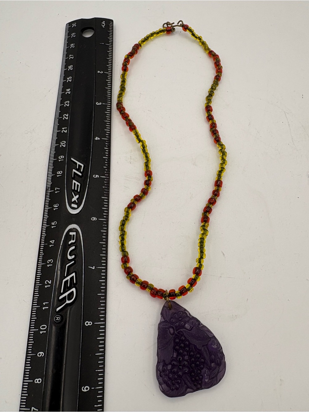 Vintage Purple Pressed Molded Glass Pendant w/ Beaded Necklace Jewelry BOHO MCM